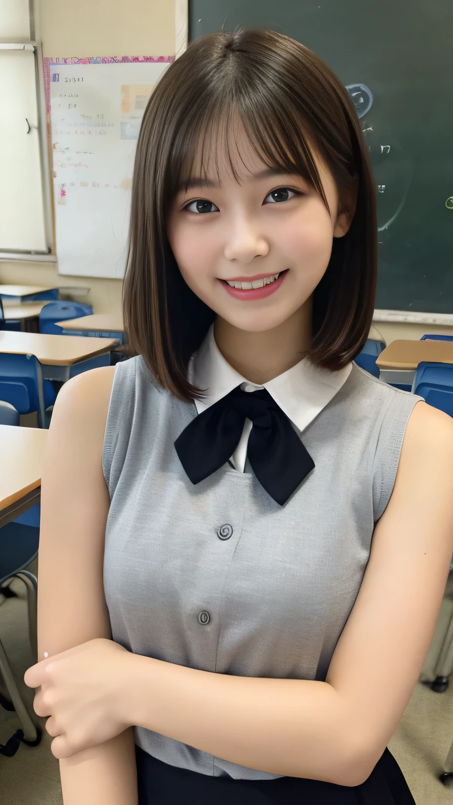 Highest quality, Very detailed、High resolution, 8k wallpaper, Flawless、Small breasts、female teacher、Sleeveless shirt、smile、Big Eyes、Innocent expression、Shy laugh、short hair、staff room、School、