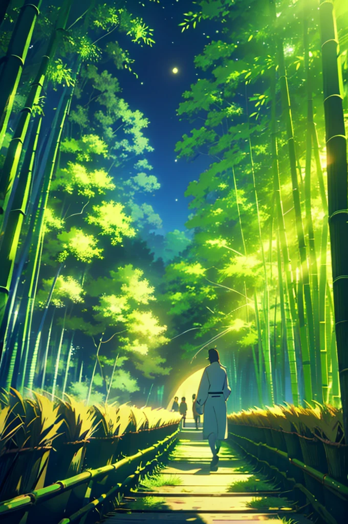 Bamboo Forest,Bamboo forest illuminated by moonlight, pale light a man walking in the middle of the bamboos