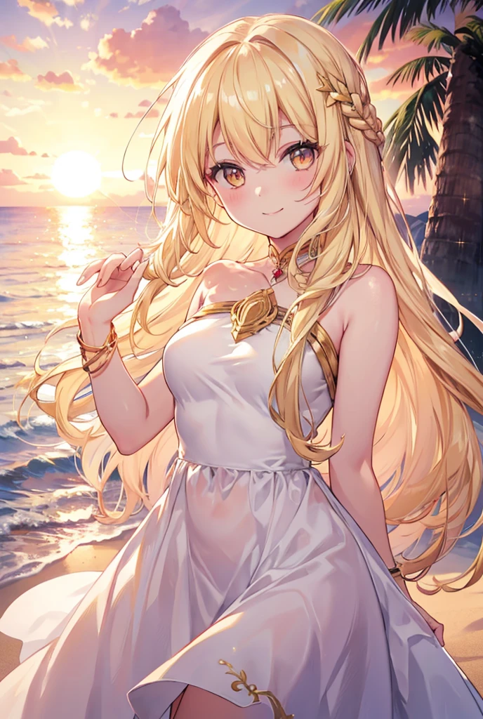 Long Hair, smile, Blonde, Golden Eyes, White dress,Sunset beach,
goddess,