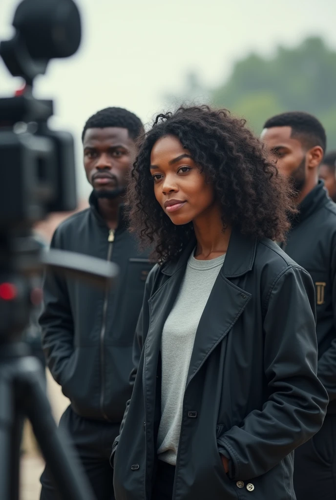 Une équipe noir de télévision en background, avec les techniciens, la présentatrice, les cheveux noirs. L'équipe doit être africaine de couleur noir. La photo doit avoir l'air d'être prise de loin. Ils doivent être jeune. On doit voir les appareils photos 