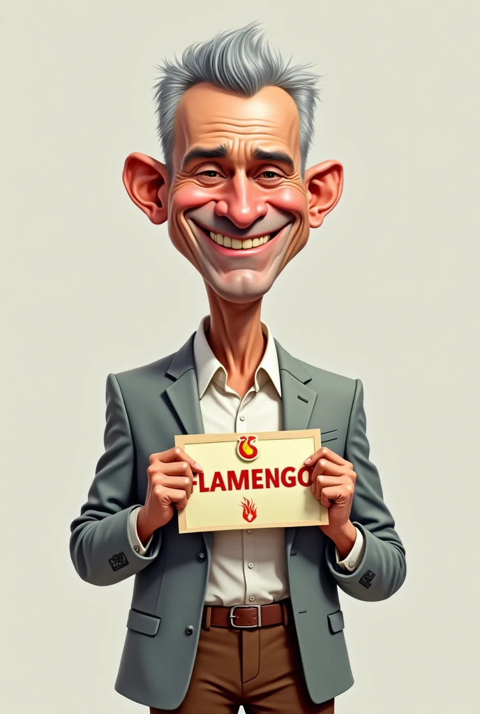 "Create a caricature of a gray-haired man, shaved low, crooked smile wearing a light gray suit jacket with a light dress shirt underneath, brown soxila pants with belt above the navel . He is smiling, with a friendly expression. Instead of holding a certificate, he holds a Flamengo team sign, with the club&#39;s colors and emblem clearly visible. The caricature should gently exaggerate the gentleman&#39;s facial features., keeping a light and humorous tone small ear, round nose."