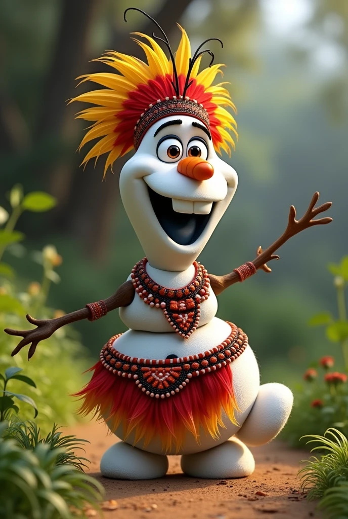 Olaf (from the movie Frozen) with Awajun men's suit (a headband of yellow and red feathers; Red skirt; without pole; and two strips of red and black beads that go like bands) and happy
