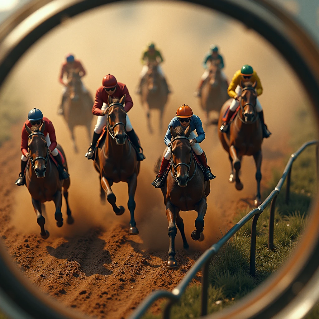 (masterpiece),(Highest quality),(Super detailed),(Ultra-high resolution),(Photorealistic:2.0),(RAW Photos:2.0),8k,wallpaper,(glass jar:1.45), masterpiece, best quality, (Top view of a microscopic 7 horses race at the hippodrome),(From above:2.0), trapped in a glass jar, (behind glass), (7 Horses and 7 jockeys racing to the finish line on clay in an oval racecourse). good lighting, photorealistic: 1.37, masterpiece, best quality, raw photo, absurd resolution, UHD, high resolution, hdr, hiperrealista, 8k,(dynamic), Dust rises behind the horses.