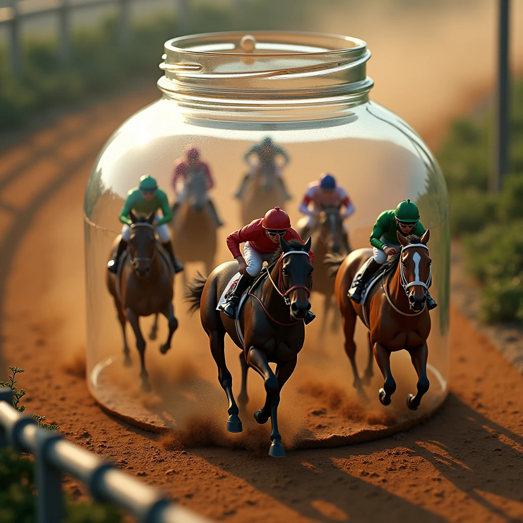 (masterpiece),(Highest quality),(Super detailed),(Ultra-high resolution),(Photorealistic:2.0),(RAW Photos:2.0),8k,wallpaper,(glass jar:1.45), masterpiece, best quality, (Top view of a microscopic 7 horses race at the hippodrome),(From above:2.0), trapped in a glass jar, (behind glass), (7 Horses and 7 jockeys racing to the finish line on clay in an oval racecourse). good lighting, photorealistic: 1.37, masterpiece, best quality, raw photo, absurd resolution, UHD, high resolution, hdr, hiperrealista, 8k,(dynamic), Dust rises behind the horses.