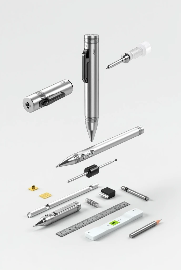 You can create a modular pencil that can have its tips changed.? Realistic and commercial-like style, around are the interchangeable tips, that the pencil includes a level, a ruler and a clip to stick it to the shirt, Show the pencil assembling with the pieces