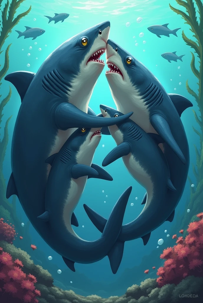 Drawing of 1 male shark hugging 2 female sharks dating