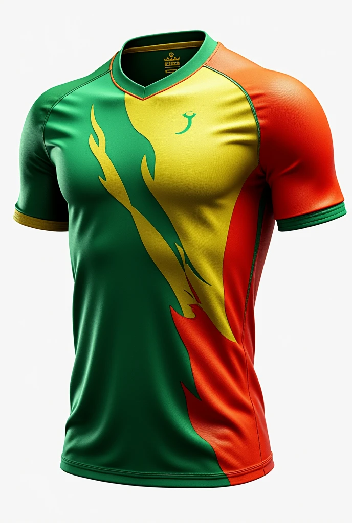 A football jersey with a new design using green colors, yellow and red. The design that is seen from the front and the others.