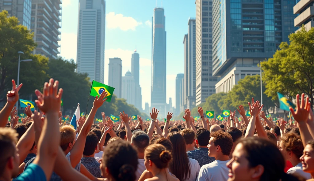 a crowd near tall buildings, rooting for politicians, looking forward and smiling in brazil