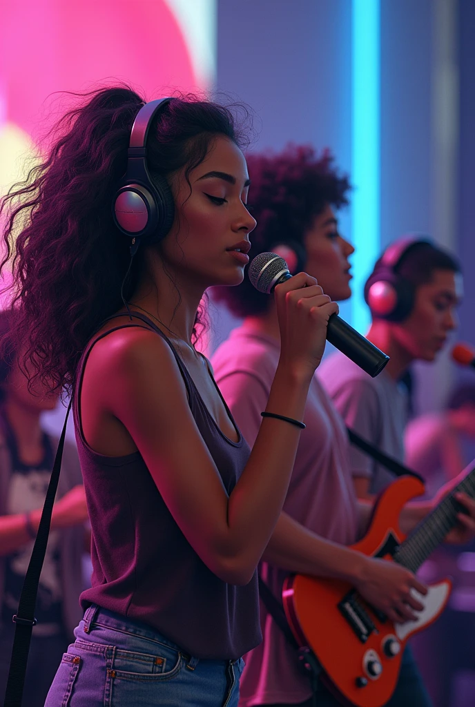 Create a photo with a girl with long black hair and white skin color and in her hands a microphone, Next to her is a curly-haired man with dark skin and a play control in his hands, Next to the boy is a girl with short wavy hair and dark skin wearing headphones.