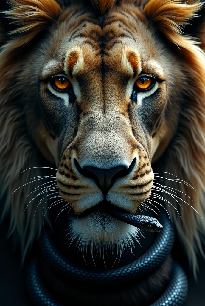 A striking close-up of a face of an African chief priest with half section of his face being that of a lion and the other half a just African kingmaker or chief priest's, staring directly at the viewer,  its amber iris gleaming with intelligence and ferocity. The background is a textured, dark jungle setting, hinting at the danger and hidden power lurking beneath the surface. The man has a small sized black snake round it's neck with the snakes head right in front of the lips of the man