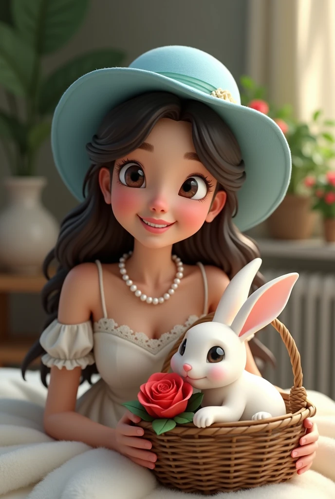 Girl 23age blue hat blue girl
With a very smiling and happy lip
With an old basket with a white rabbit in it
With a white princess dress and
A pearl necklace with a red rose
inside the bed
3Dstyle