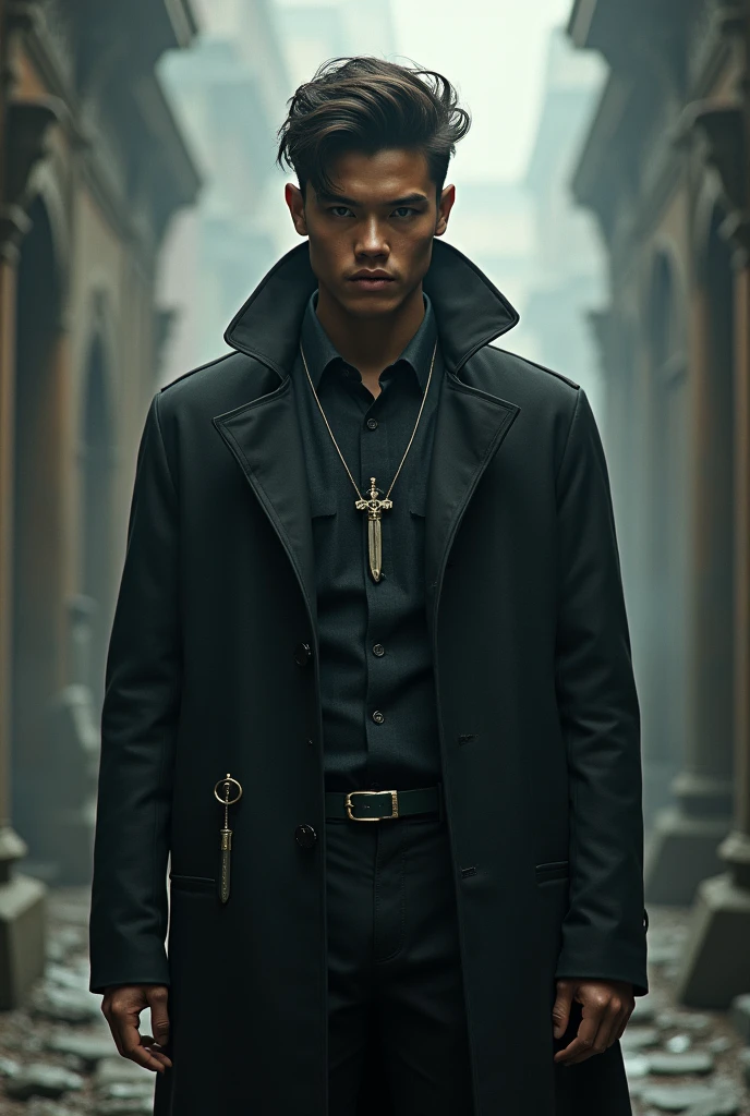Young man in a coat with small Logan written on the chest "⚔️"