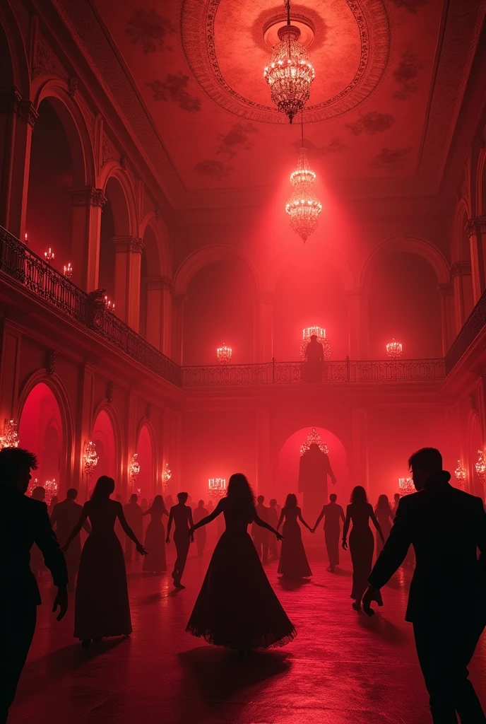 huge, a very large gothic ballroom, filled with red light, with high painted ceilings. The hall is scary and gloomy, inside him dance the dark and gloomy, but beautiful, people in long dresses or suits. There are small round tables at the edges., with an abundance of glasses of wine. People dance a waltz in pairs on a large dance floor in the middle. There is a beautiful balcony at the very end of the hall., On it stands the host of the ball, shrouded in darkness and watching the celebration. 
