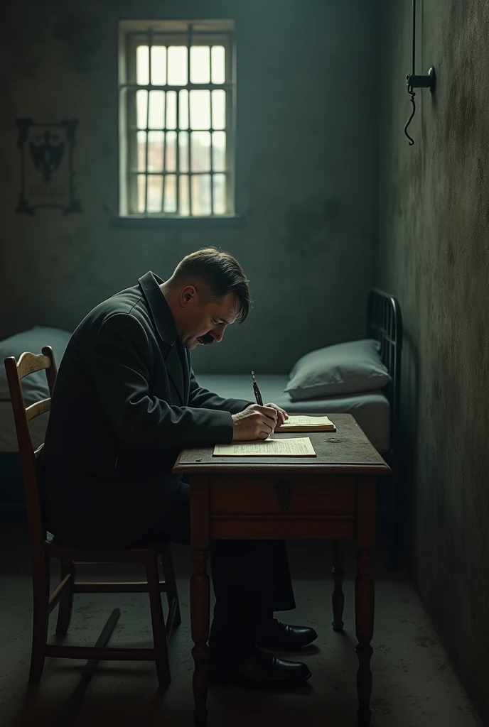Image of  hitler writing a book in a jail.