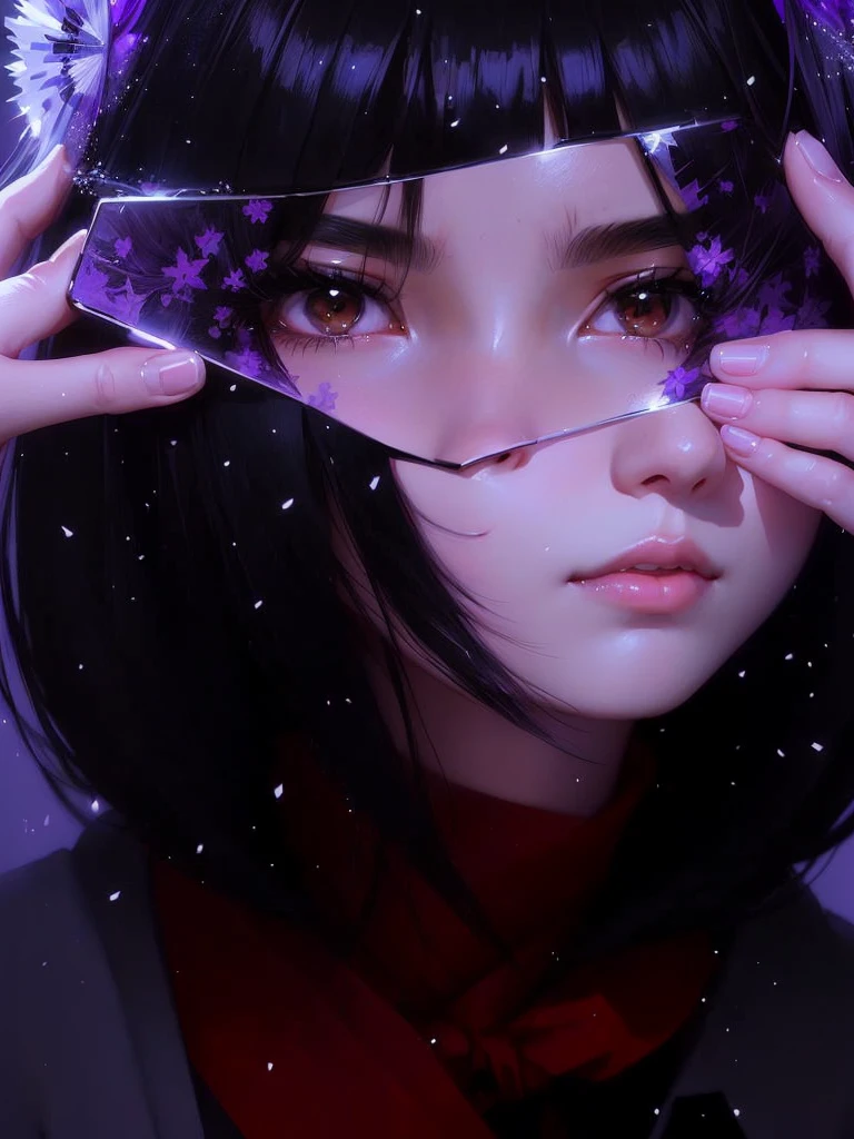 Japanese girl with black hair and holding a piece of purple mirror as if it were a mask, digital art Ilya Kuvshinov, non-style artwork by guweiz, stunning realistic face portrait, Ilya Kuvshinov. 4K, digital anime art, detailed digital art, cute portrait, 8k art wallpaper, digital art, purple and black painting of a Japanese woman with a piece of mirror covering her eyes as if it were a mask, in this piece of mirror are reflected the dark eyes of a young Japanese man, snowflakes fall on them, a tear runs down the girl's face.
