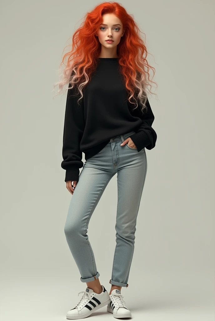 A 20 year old woman with light green eyes with long curly red and white hair all mixed with a black sweater and light jeans and white adidas sneakers I want the whole body to show