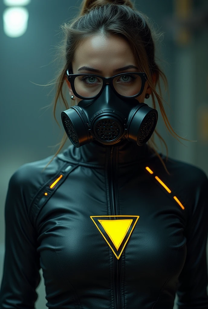 woman GLASSES with black frame hero, DARK glue , YELLOW TRIANGLE on the chest, ARTPOP gas mask