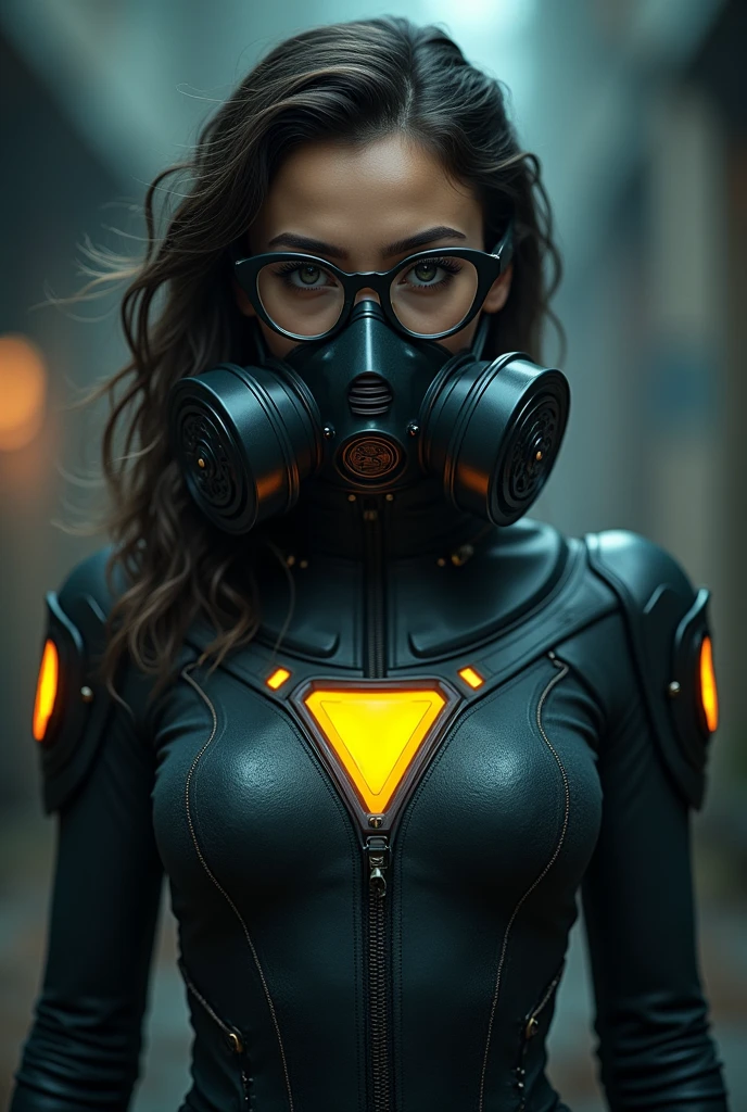 woman GLASSES with black frame hero, DARK glue , YELLOW TRIANGLE on the chest, ARTPOP gas mask