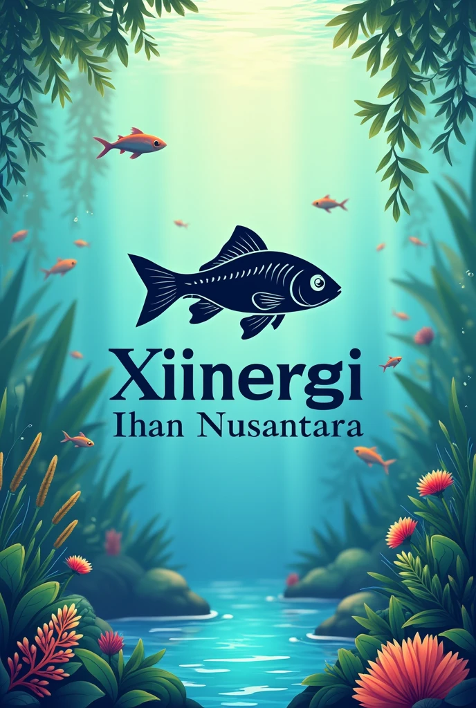 make me a logo for Xinergi Ihan Nusantara, make a background of catfish, water and fish farming