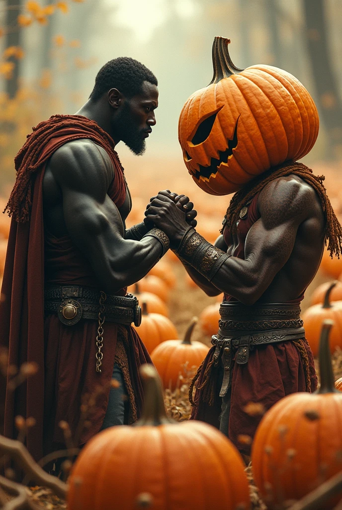 Pumpkin fighting black man
