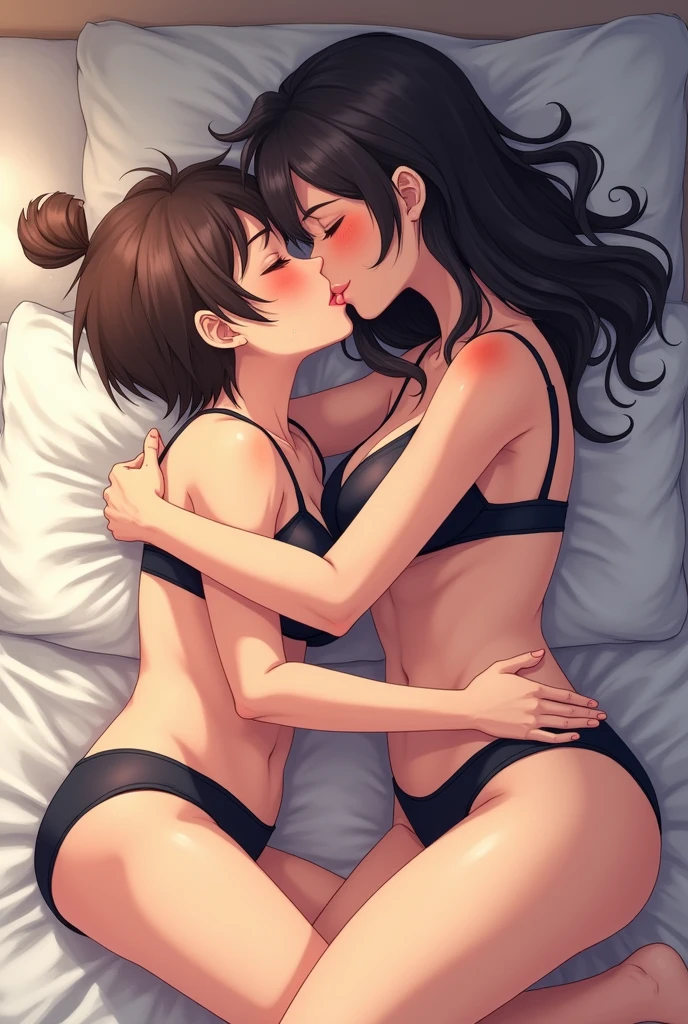 Mommy, son, femboy son, both wearing bras and panties, hugging, licking, kissing, cuddling, in bed, anime, sexy, wet,