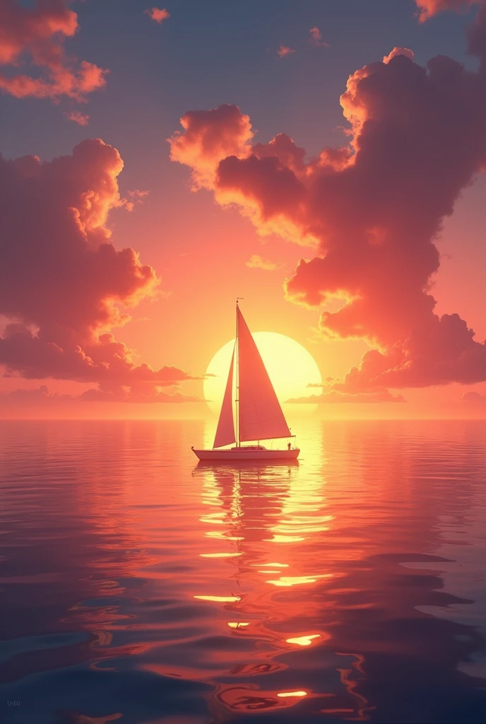 "Create a serene sunset over the sea with vibrant orange and pink skies. The sun is half-set on the horizon, casting a golden reflection on calm waters. A silhouette of a sailboat drifts in the distance, and gentle waves lap against the shore."