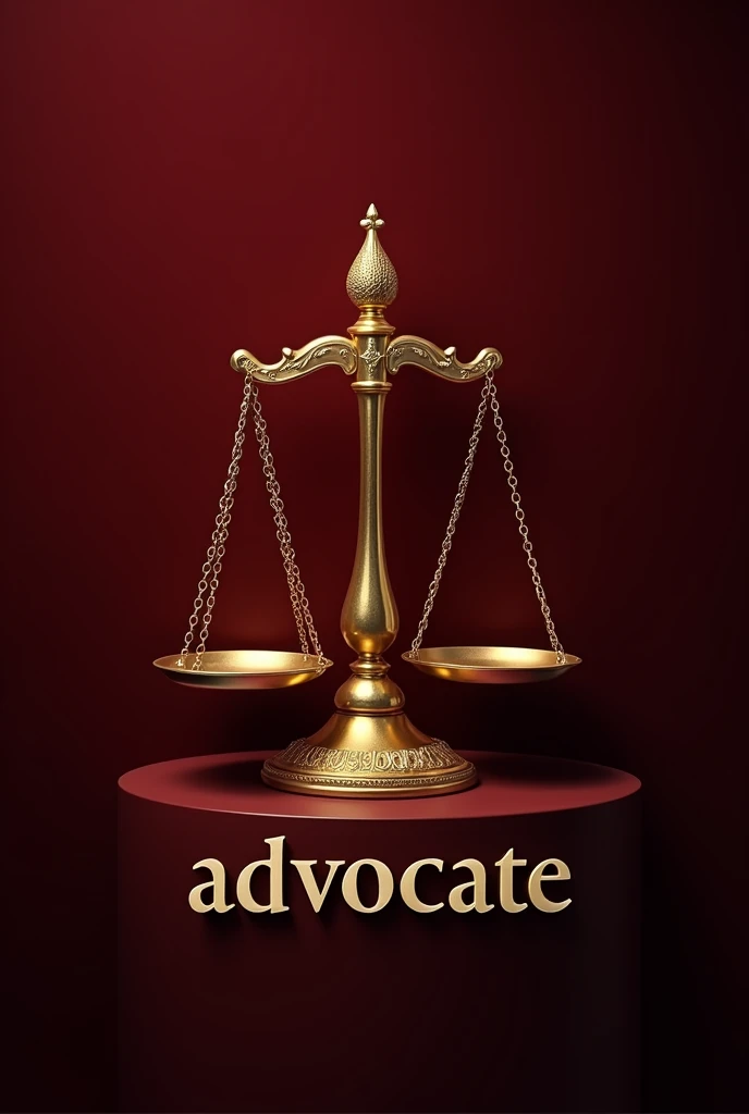 Golden justice scale logo with "ADVOCATE" written beloe that in bright silver color, with a burgundy background
