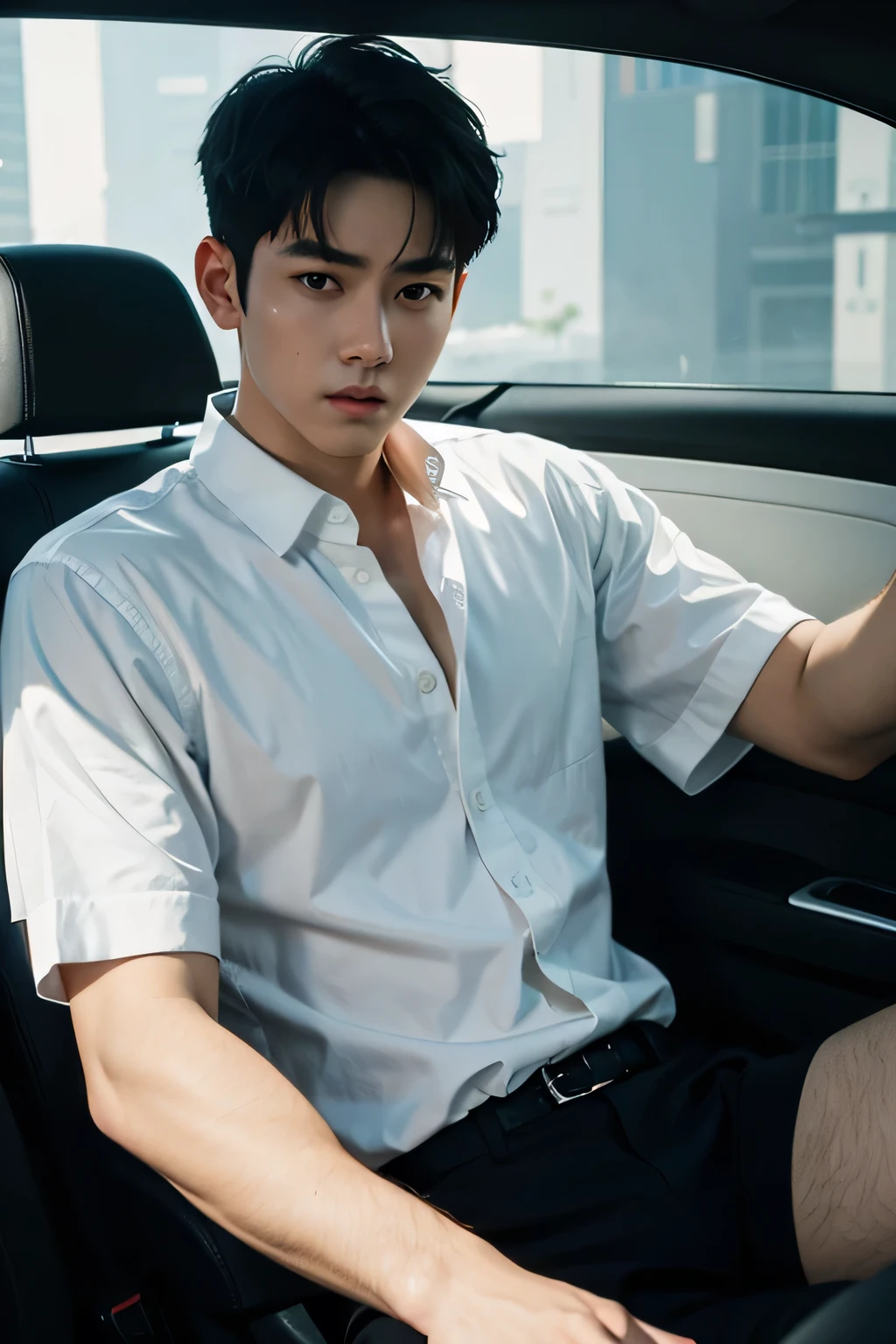 arafed male in a white shirt sitting in a car, inspired by Yanjun Cheng, artwork in the style of guweiz, by Yanjun Cheng, inspired by Russell Dongjun Lu, by Russell Dongjun Lu, by Zhang Han, Guweiz, sakimichan frank franzzeta, ross tran style, by Ren Xiong, by Yang J