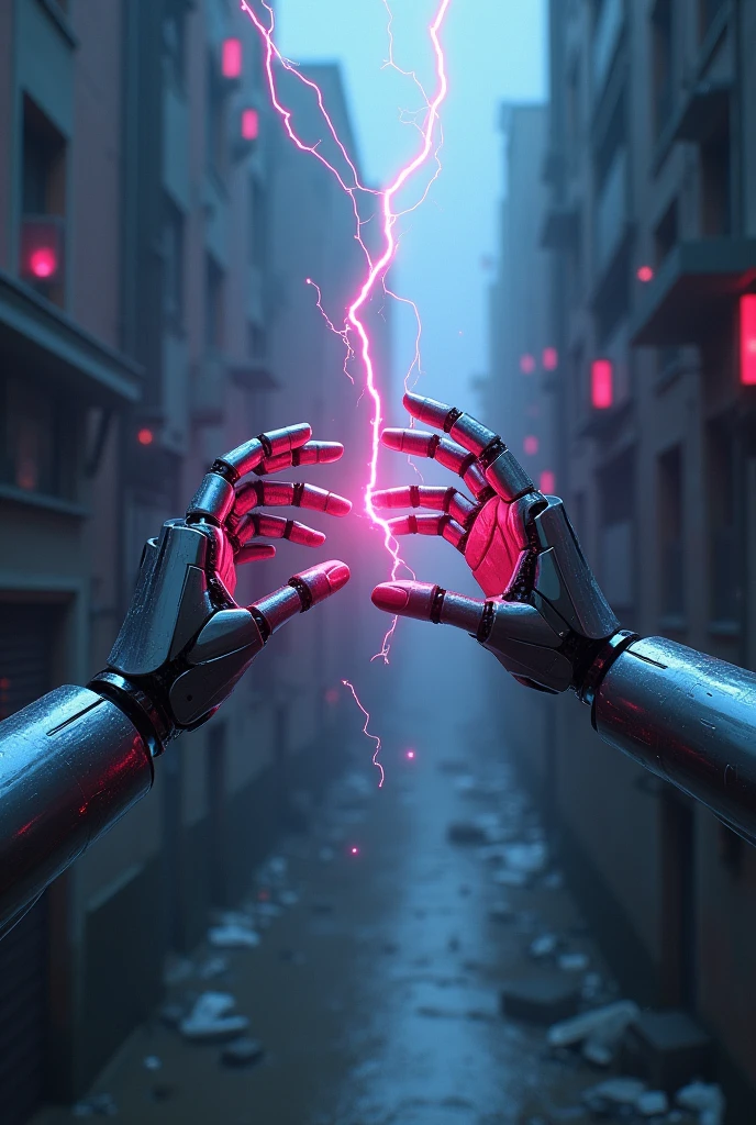 2 robotic arms trying to reach to eachother with neon lights reflection on their metal skin.cyberpunkish and the arms features like a human hand. Fregile and one girlish one hand of a man. Like a digital painting. Not so realistic. Representing horror and terror. Kinda sad environment. Each hands shoud have 5 fingers. They're trying to touch eachother but a neon electricity is made between them when they wanna do that. More pink and blue neon lights rather than red