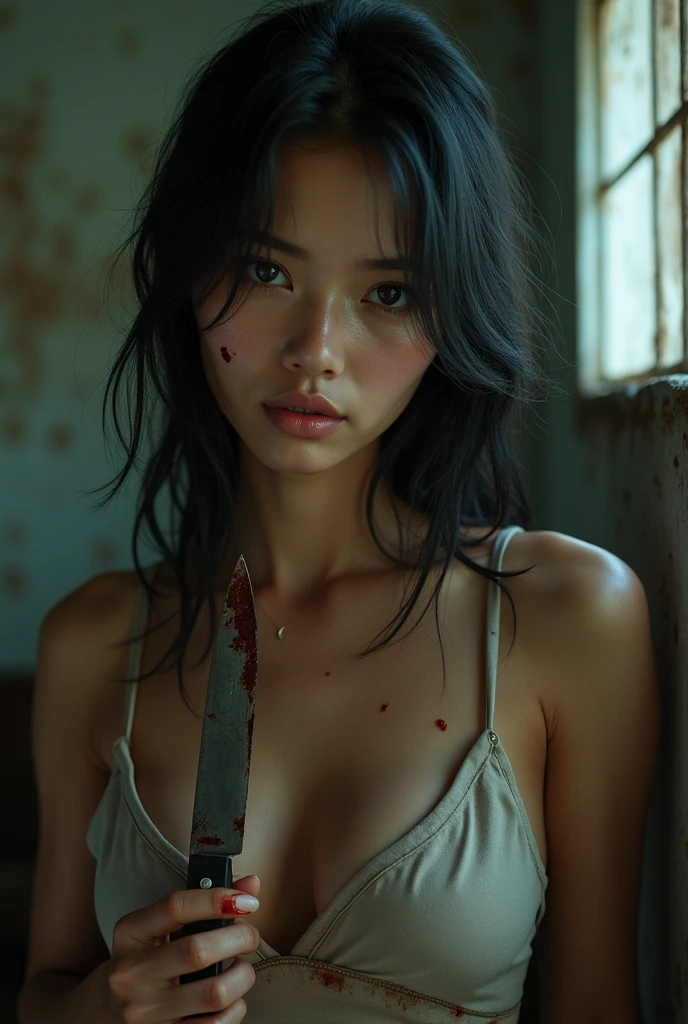 Beautiful woman in the philippines, rated pg, 1080hp, realistic, crime scene, whole body, real woman, bloody knife