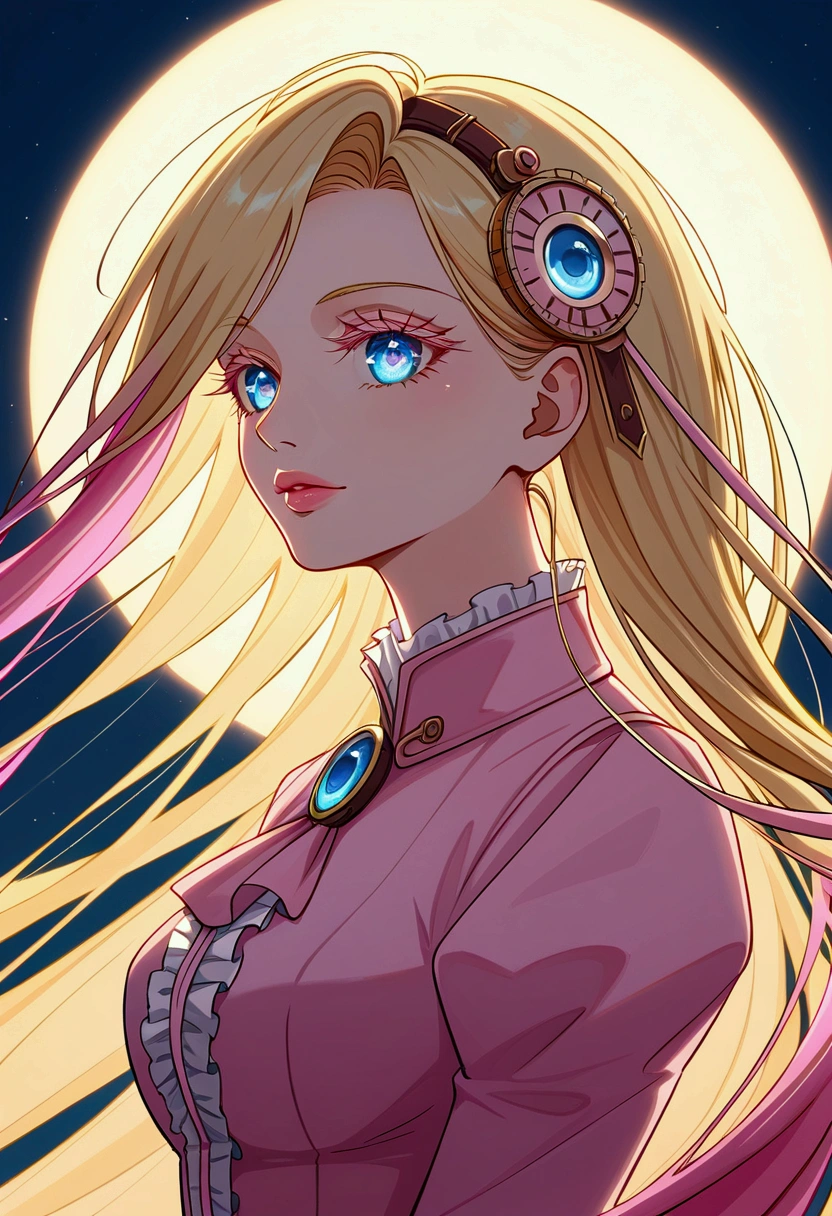 best quality, masterpiece, upper body, beautiful detailed eyes, beautiful detailed lips, extremely detailed face, long eyelashes, blonde hair blown in the wind, shining eyes, steampunk, nude style, thin clothes, pink clothes, pink hair, intricate details, dramatic lighting, cinematic composition, vibrant colors, ethereal atmosphere