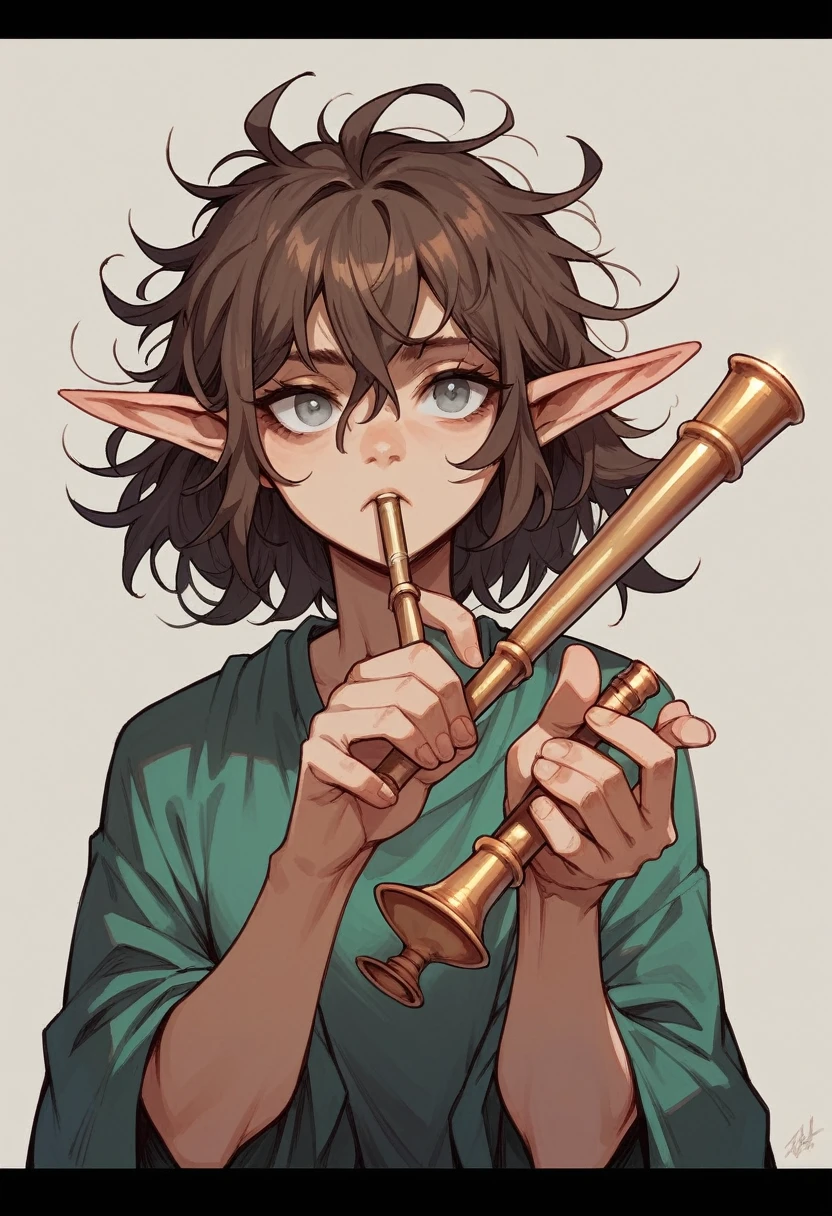 1girl, messy bob, woman, Bard, half-elf, flute, brown hair, silver eyes, single hand, perfect hand