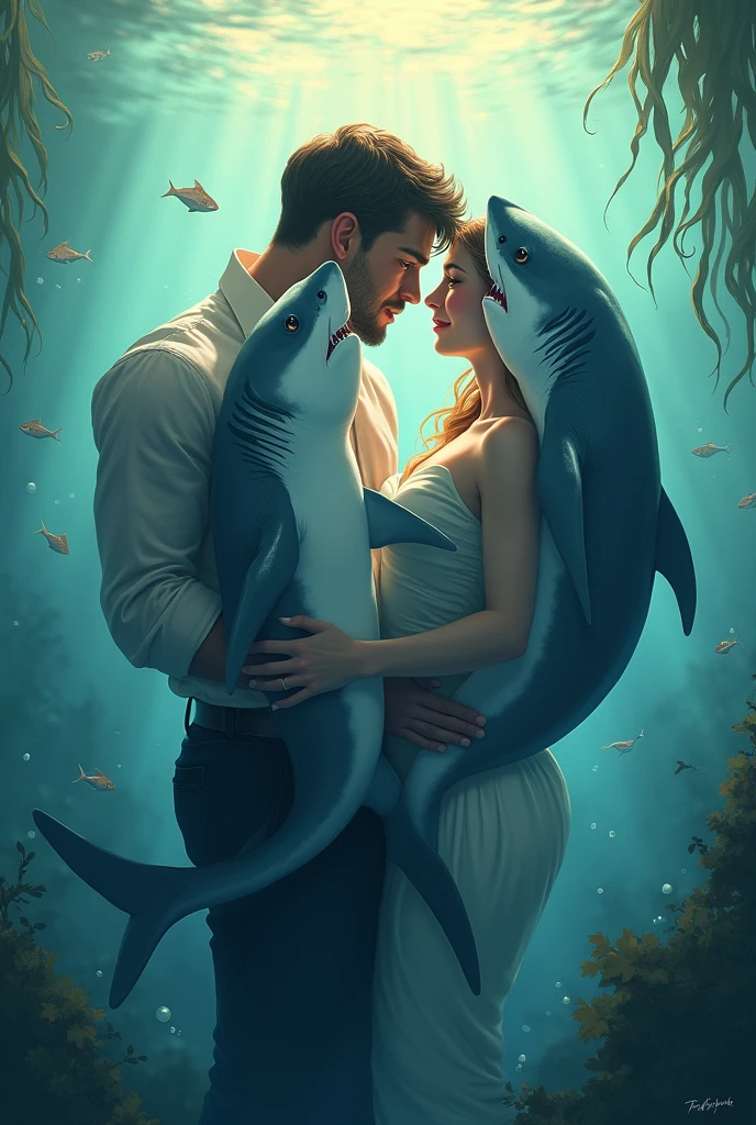Drawing of 1 male shark hugging 2 female sharks in love
