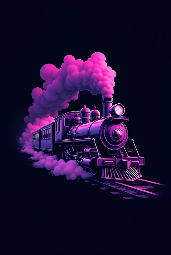 an animated purple train spewing steam with a black background without a face in the shape of a vape, make it as a logo for a clothing brand