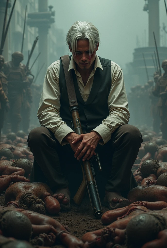 Draws a young white man in his 20s, white hair swept back, has a scar from a tiger paw on his right cheek, is sitting on a pile of corpses, with the US constitution in his left hand, and a rifle in his right hand, steampunk style, his eyes cry blood