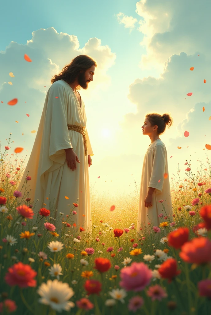 Jesus and one in the flower field 