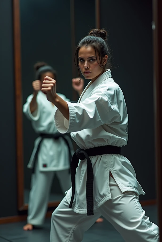 Karate player front mirror selfie 

