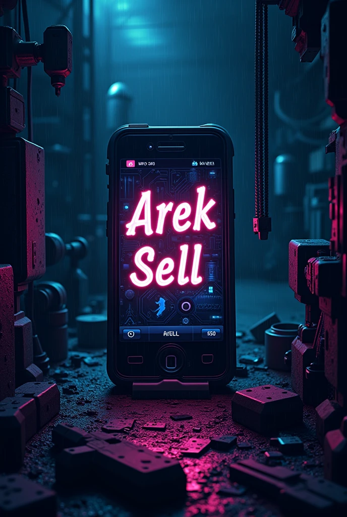 font "AREK SELL" ,logo AREK SELL,background handphone machine,handphone tools,dark technology,handphone,cyberpunk,mobile phone service