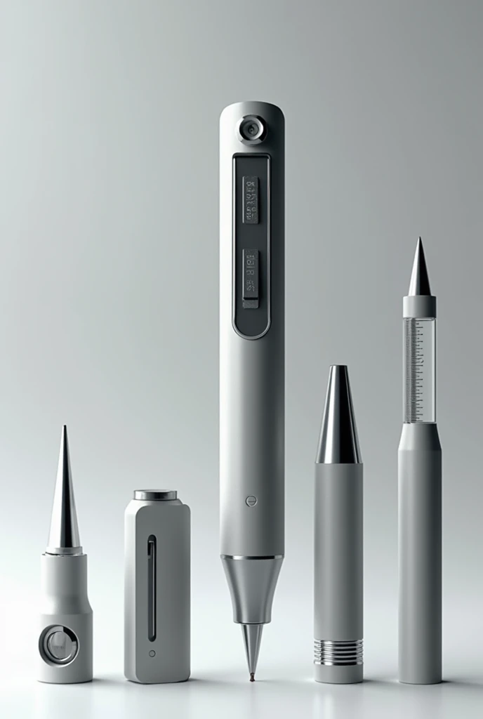 You can create a modular pencil that can have its tips changed.? Realistic and commercial-like style, around are the interchangeable tips, that the pencil includes a level, a ruler and a clip to stick it to the shirt, to show the pen in use