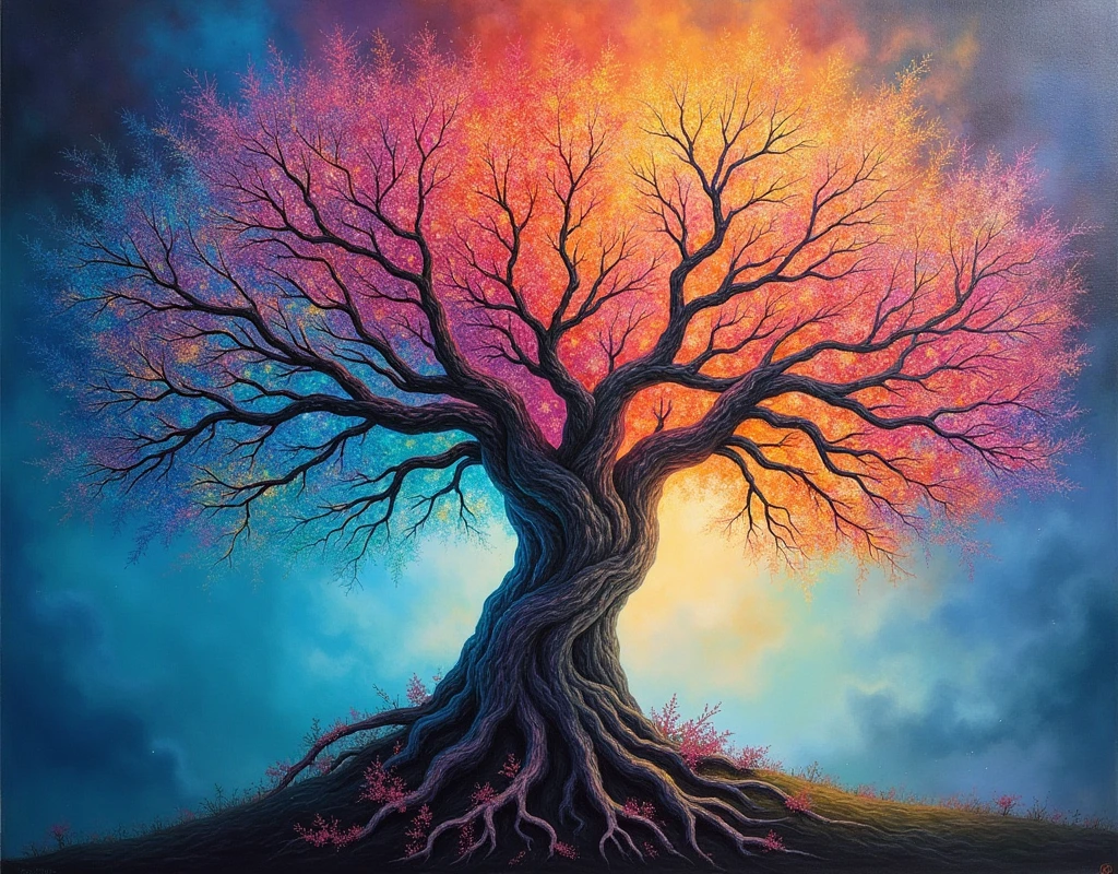 Rainbow colored oil painting tree of life