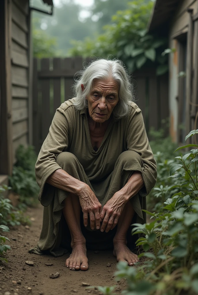 Old lady poor people thin body in garden