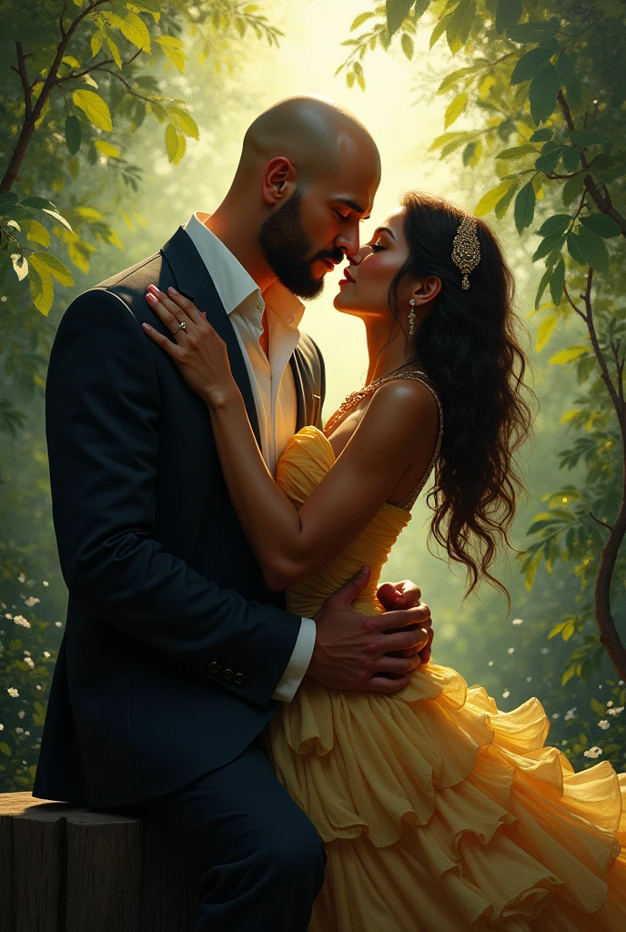Tall, bald maestro on the lap of a shorter Brazilian flutist, both in love 