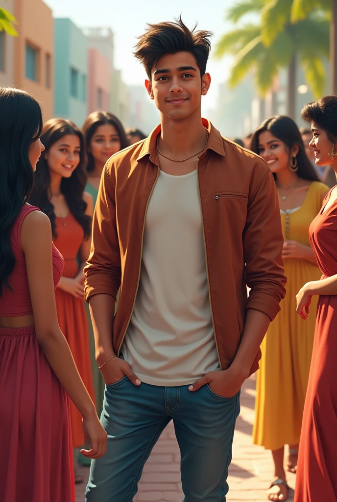 17 year old Indian boy handsome wearing normal dress posing for name Nadeem girls in background