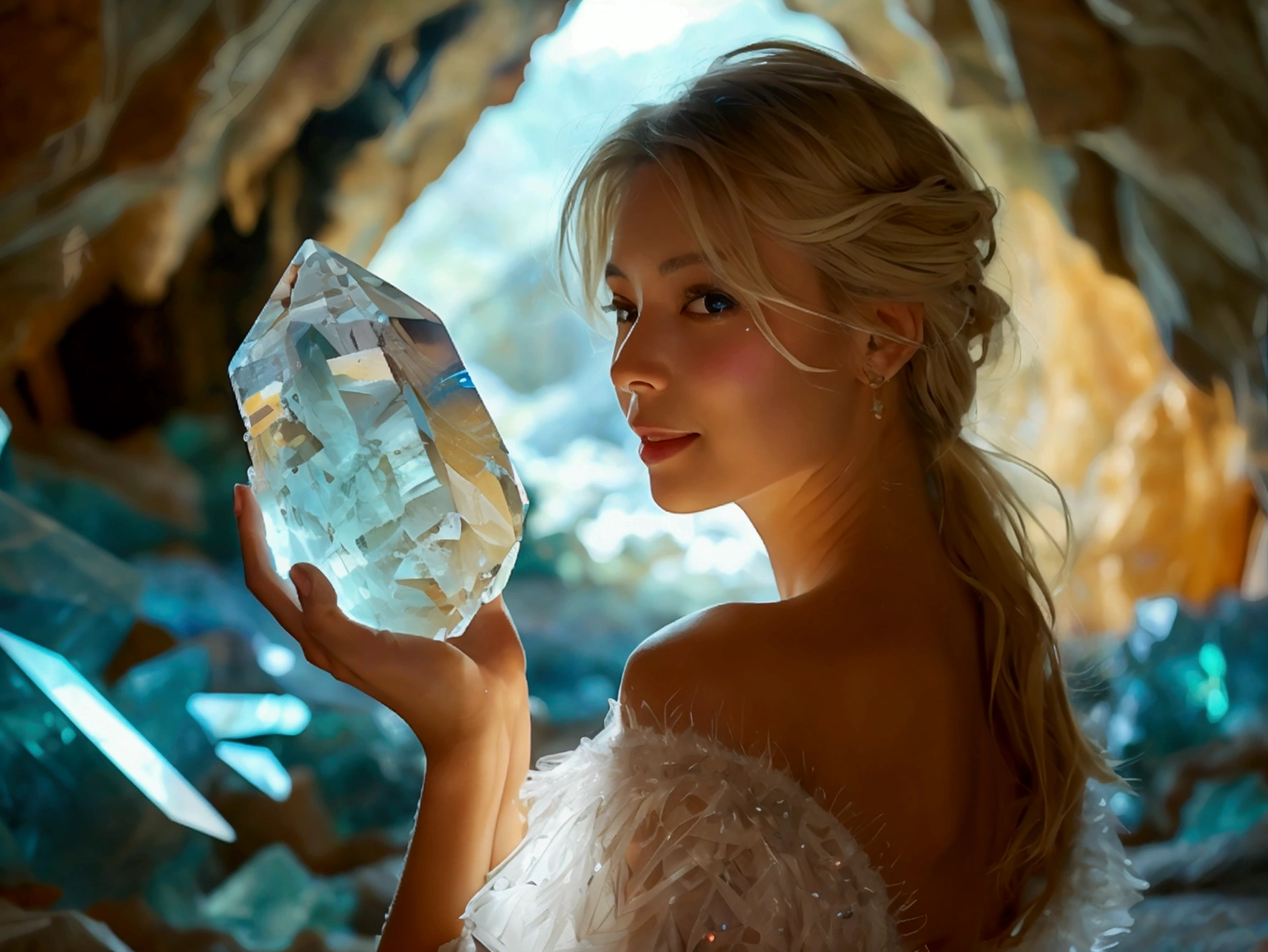 In a crystal mine,In a mine full of crystals,Crystal colors are rich and shiny,A woman holds up a crystal,Facing the Sun,Smile happily