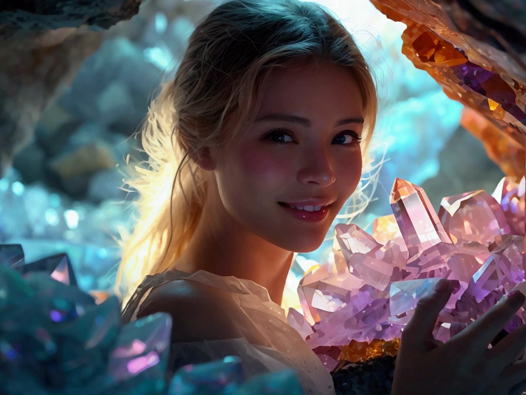 In a crystal mine,In a mine full of crystals,Crystal colors are rich and shiny,A woman holds up a crystal,Facing the Sun,Smile happily