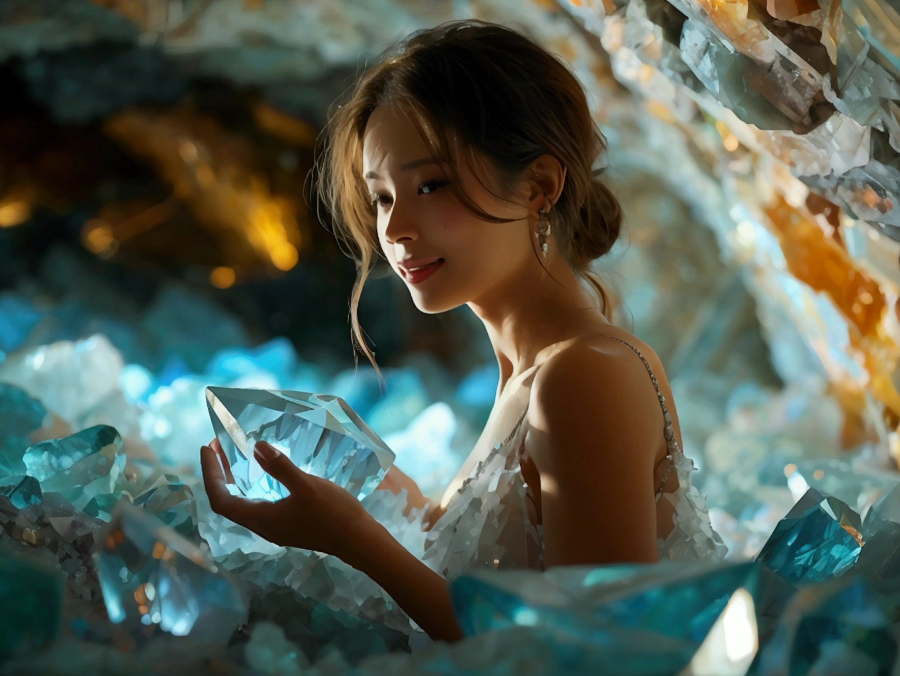 In a crystal mine，In a mine full of crystals，Crystal colors are rich and shiny，A woman holds up a crystal，Facing the Sun，Smile happily