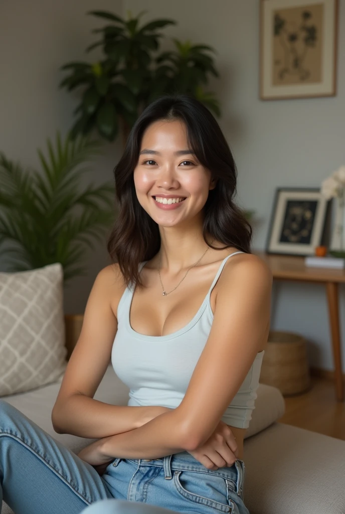 Beautiful athletic 30 year old asian woman wearing thin strap tank top and jeans sitting in living room. Smiling. Toned arma