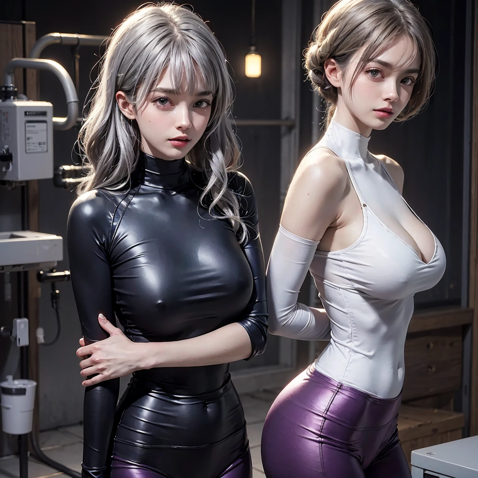 BrnWshM, electrical, cable, milking machine, breast injection, masterpiece, ultra-detailed, hyper-realistic, 1 girl, medium build, beautiful face, bright purple eyes, sharp nose, silver hair, wavy hair, bangs, upper body, TOver, tight skin, tight clothes, viscous material, bathroom