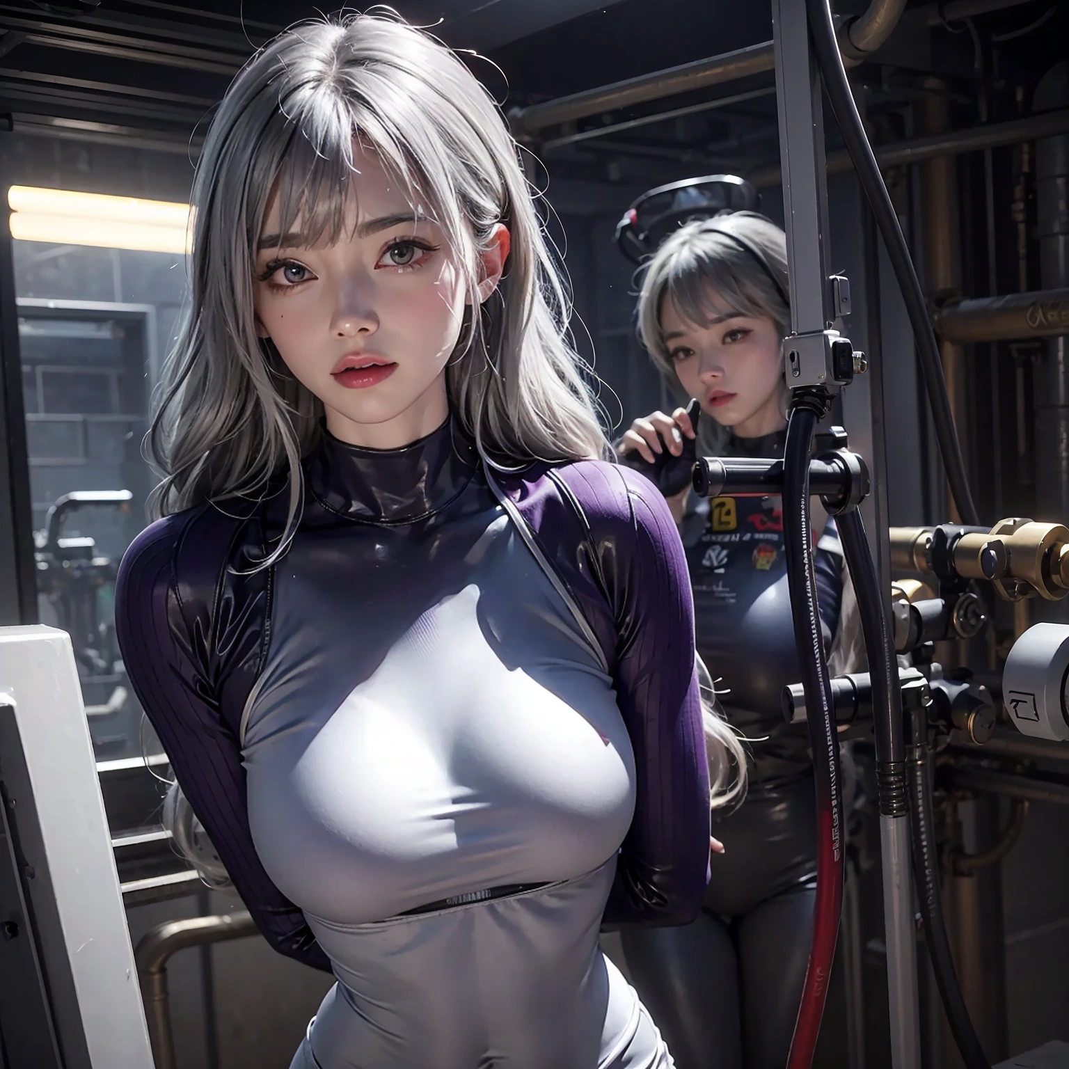 BrnWshM, electrical, cable, milking machine, breast injection, masterpiece, ultra-detailed, hyper-realistic, 1 girl, medium build, beautiful face, bright purple eyes, sharp nose, silver hair, wavy hair, bangs, upper body, TOver, tight skin, tight clothes, viscous material, bathroom