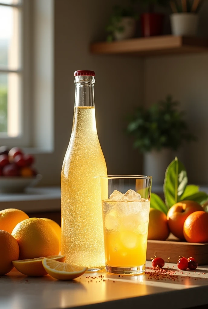 Create realistic a carbonated drink in a beautiful bottle without a label, the color of the drink is like litter, with a glass next to it with ice and lemon juice, it is on a kitchen counter, with some fruits and spices, photography, 8k --ar 4:3 --v 6.0 - v